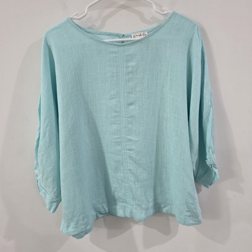 Wonderly Womens Linen Blend Top Size Medium Turquoise Beach Coastal Euro Summer